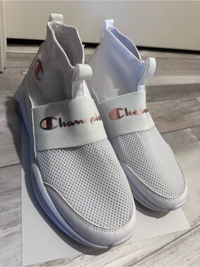 Champion White Slip-On Sneakers with Rose Gold Logo Accent